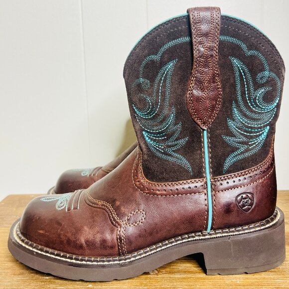 Ariat Women's 7.5 Fatbaby Heritage Dapper Western Boots Round Toe Chocolate Turq - Picture 3 of 10